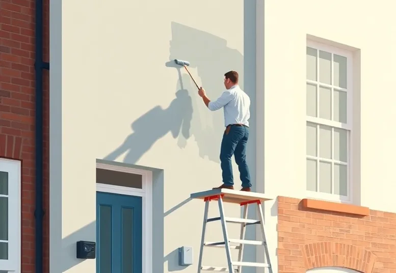Peintre sur échafaudage traitant la façade d'une maison